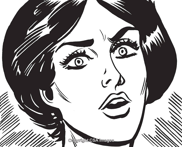 Black and White Illustration of Surprised Woman in Retro Comic Style