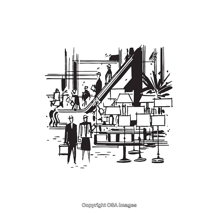 Black and White Line Art of Busy Shopping Mall Interior Scene