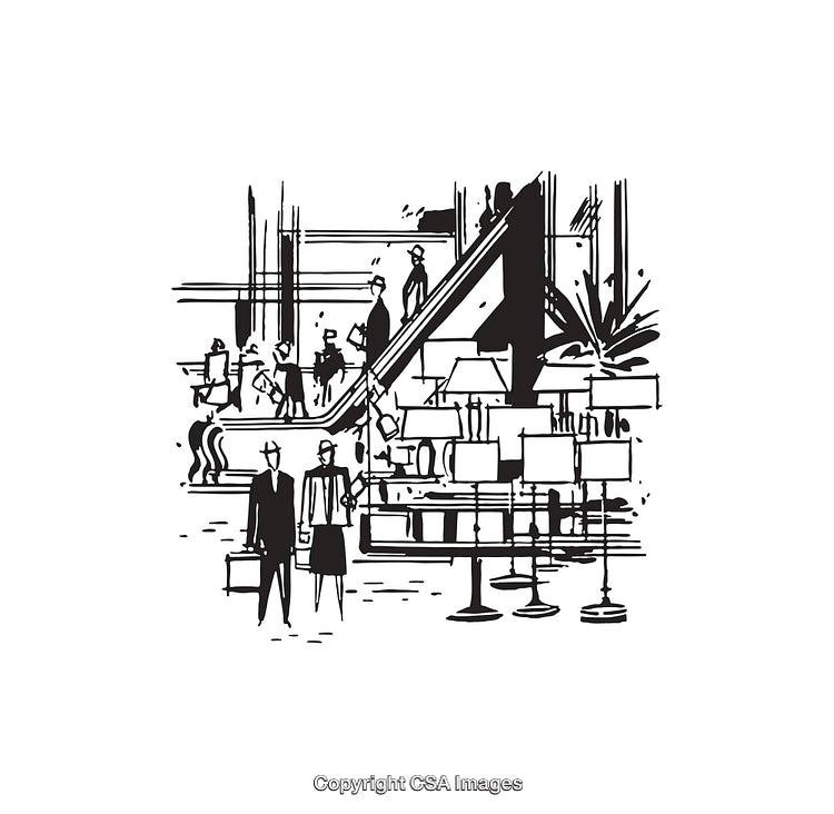 Black and White Line Art of Busy Shopping Mall Interior Scene