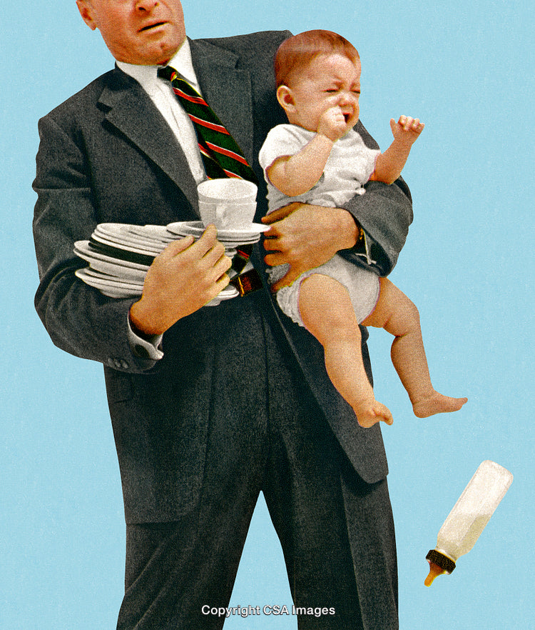 Father Balancing Baby While Juggling Multiple Responsibilities in a Vintage Style