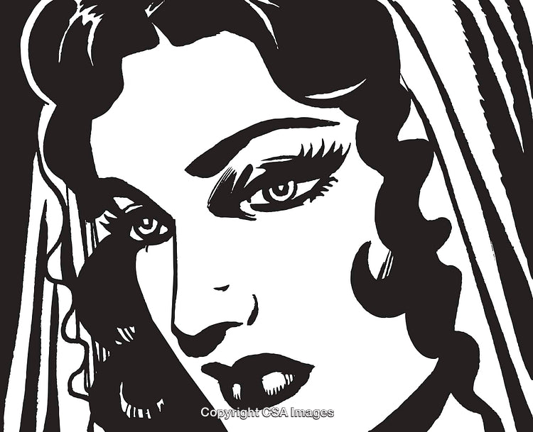 Retro Style Female Portrait in Black and White Art Illustration