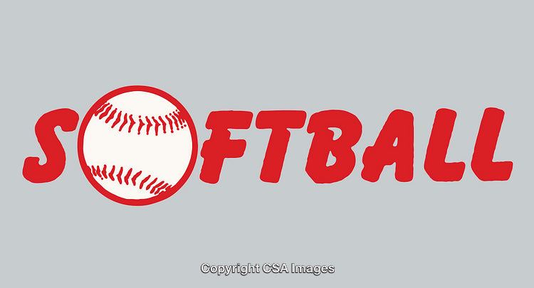 Illustration of Softball Text with Ball Graphic in Red and White