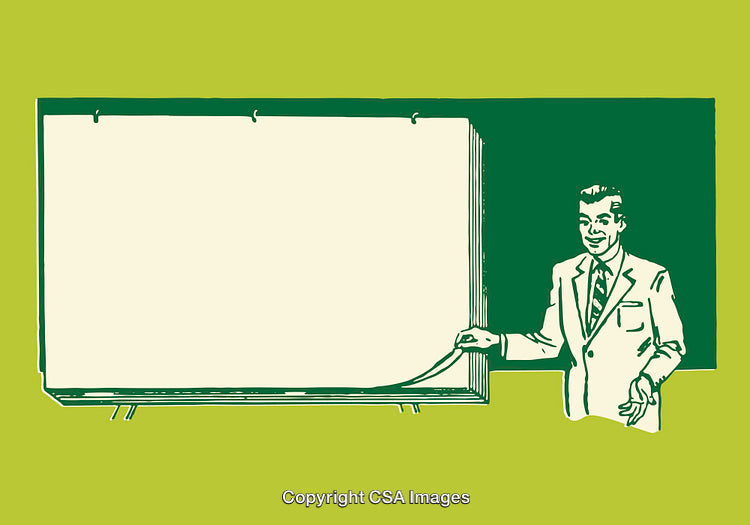Retro Style Business Presentation with Blank Chalkboard and Smiling Instructor