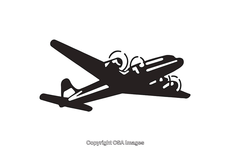 Black and White Line Illustration of a Propeller Airplane in Flight