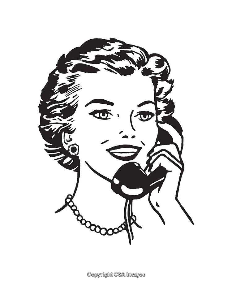 Vintage Black and White Illustration of a Woman Talking on the Telephone