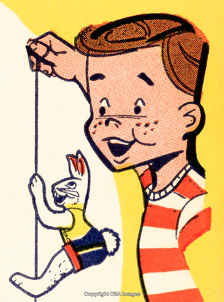Colorful Illustration of a Boy Playing with a Rabbit Puppet
