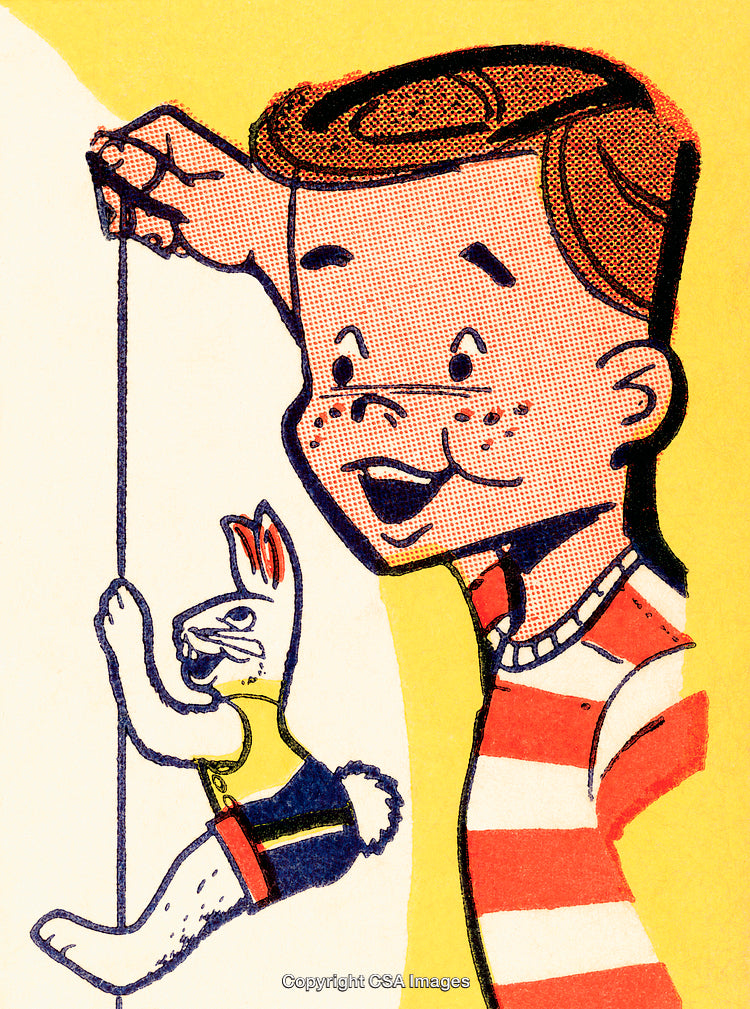 Colorful Illustration of a Boy Playing with a Rabbit Puppet