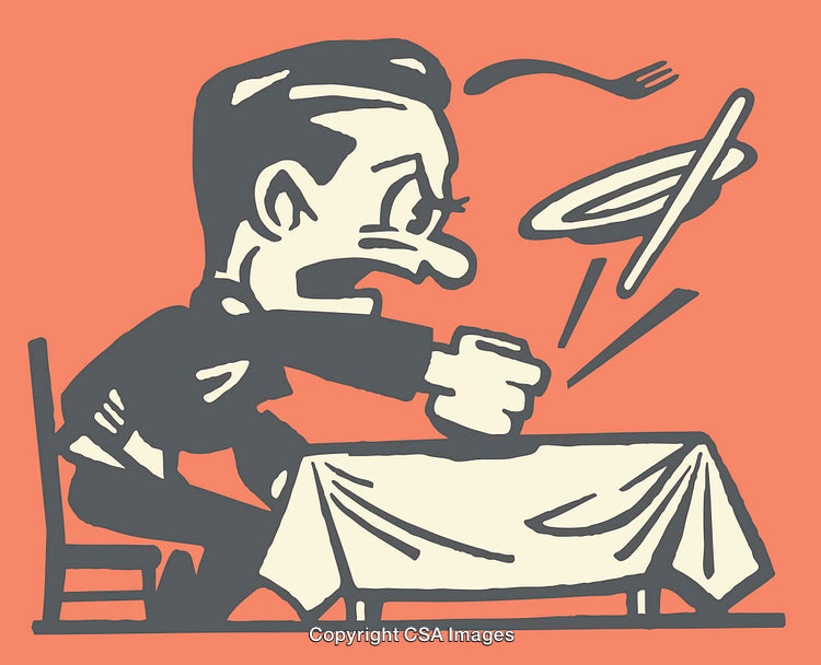 Illustration of a Frustrated Character in a Dinner Scene with Flying Plate