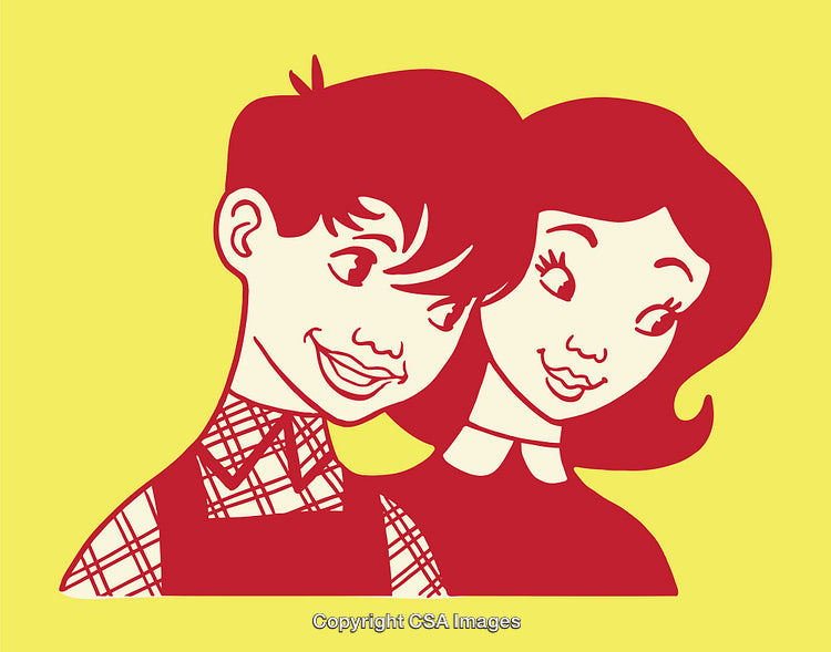 Colorful Retro Line Art of Smiling Boy and Girl Together