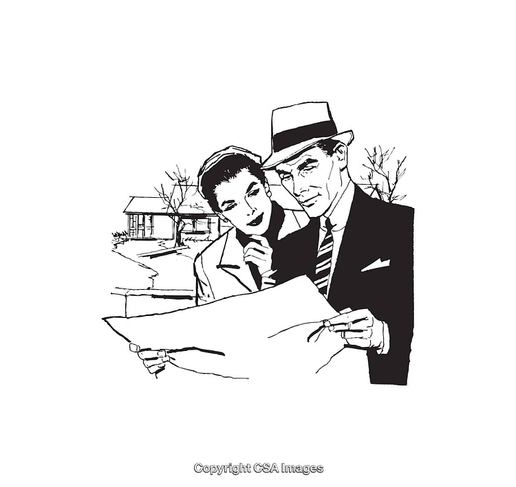 Retro Black and White Illustration of a Couple Examining House Plans