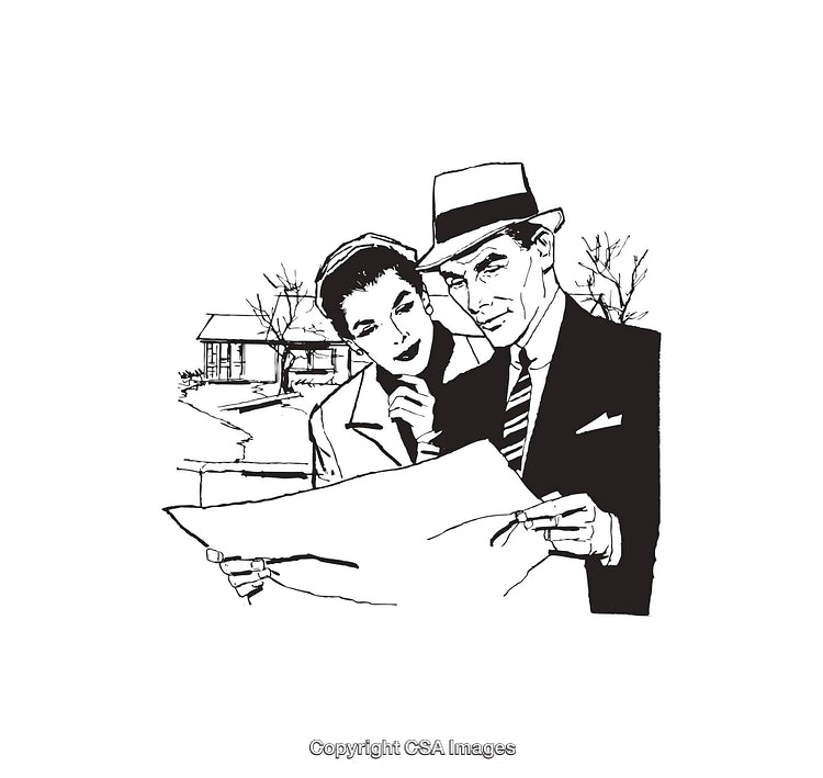 Retro Black and White Illustration of a Couple Examining House Plans