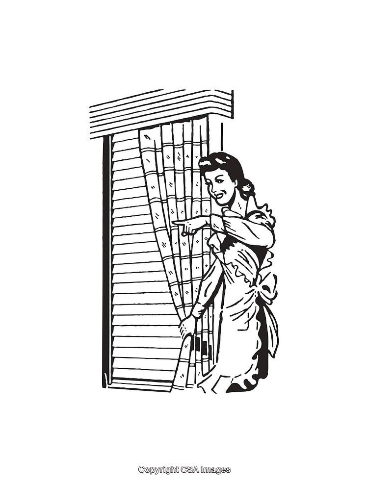 Retro Black And White Drawing of a Woman Gesturing by a Window