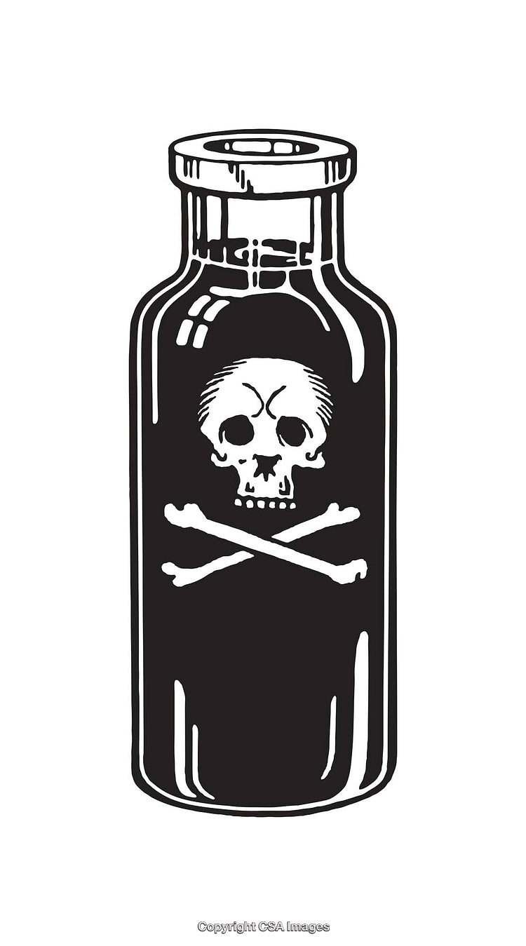 Black and White Illustration of Poison Bottle with Skull and Crossbones