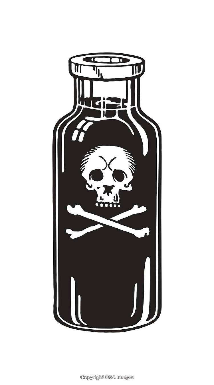 Black and White Illustration of Poison Bottle with Skull and Crossbones