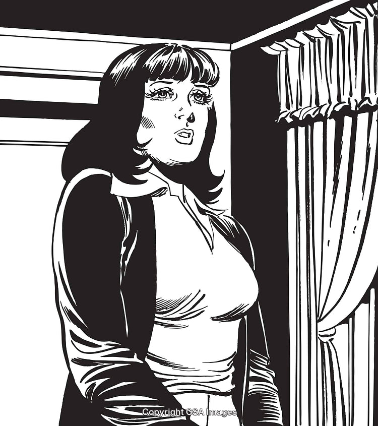 Black and White Illustration of Woman in Emotional Moment Inside a Room