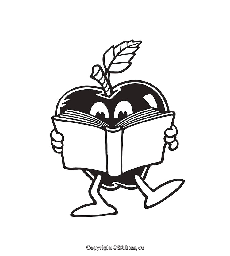 Smiling Apple Character Reading a Book in Black and White Line Art