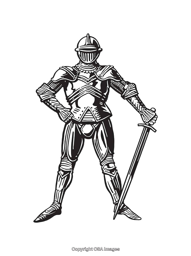 Detailed Line Art Illustration of a Knight in Full Armor Holding a Sword