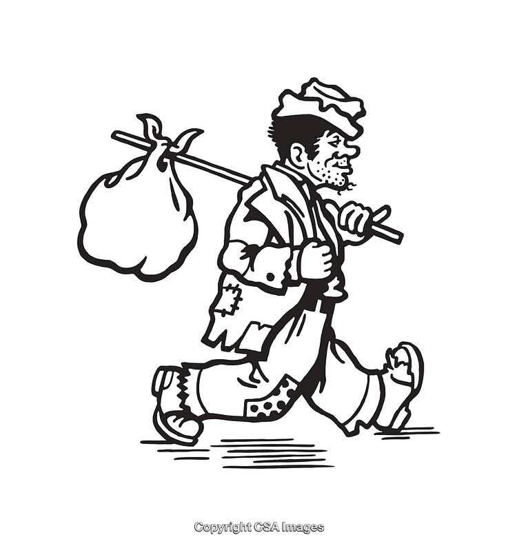Black And White Line Art Illustration of a Walking Hobo Character