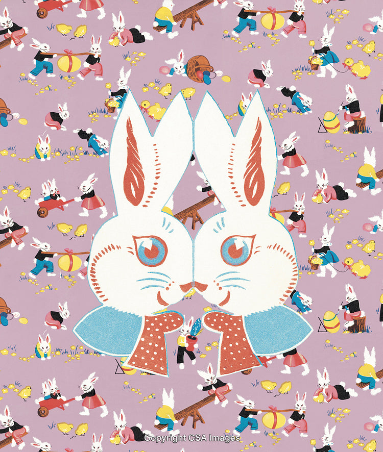 Vintage Easter Bunny Pattern with Festive Scenes and Playful Decorations