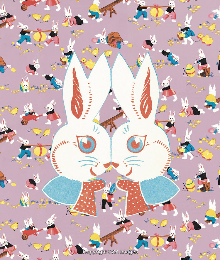 Vintage Easter Bunny Pattern with Festive Scenes and Playful Decorations