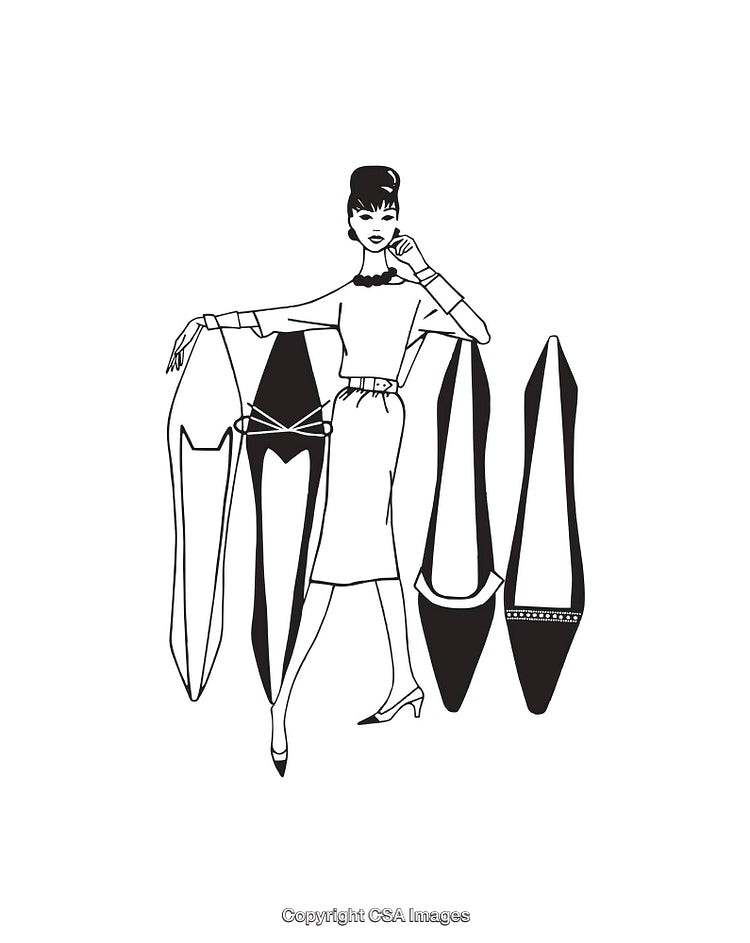 Elegant Woman With Stylish Shoes Illustrated in Black and White Line Art