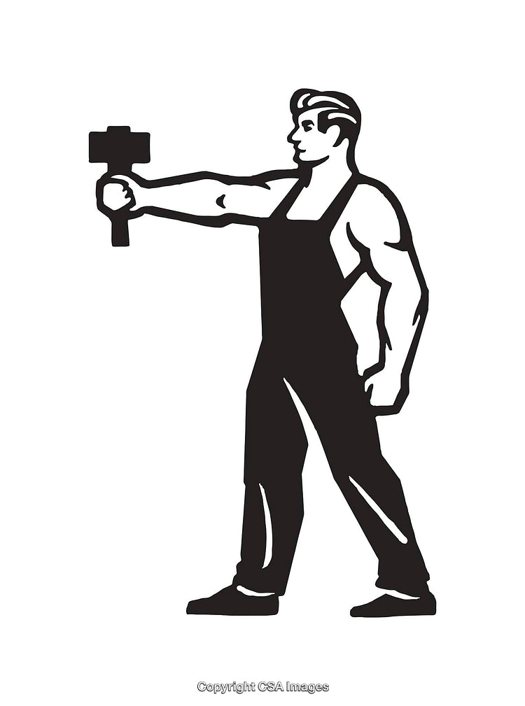 Black and White Line Art of Strong Worker Holding a Hammer