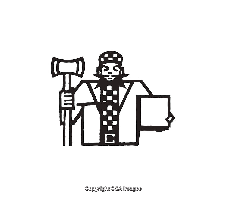 Minimalistic Black and White Illustration of a Person with Axe and Block