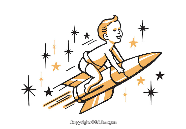 Retro Illustration of a Child Riding a Rocket Among Stars