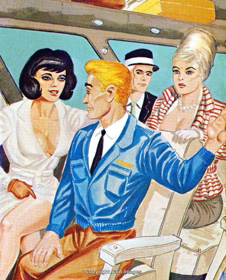 Stylized Illustration of Social Interaction in Vintage Air Travel Setting
