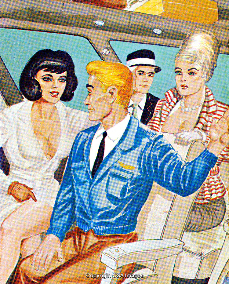 Stylized Illustration of Social Interaction in Vintage Air Travel Setting