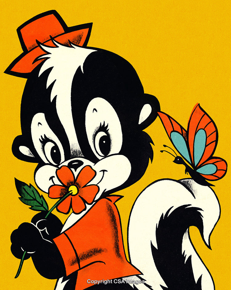Cartoon Skunk Character with Flower and Butterfly on a Yellow Background