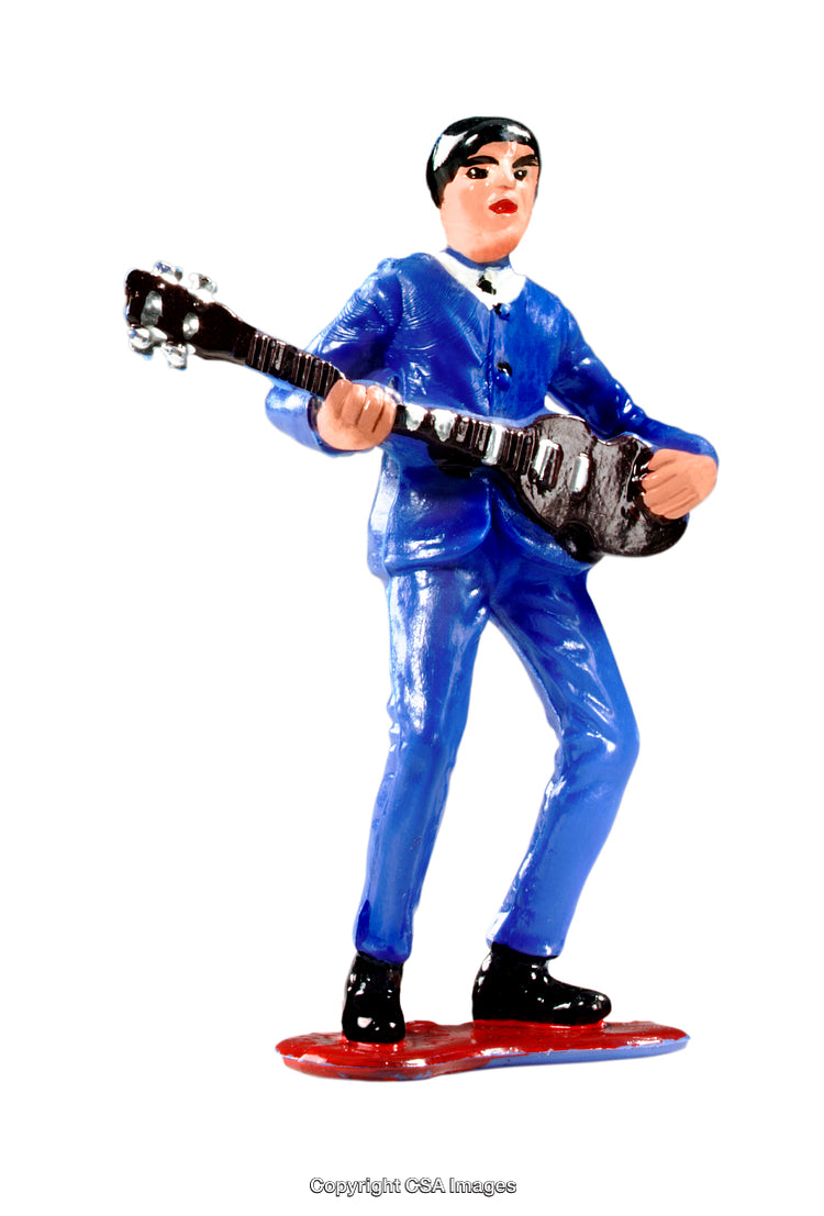 Blue Figurine Playing Guitar with Vibrant Red and Black Details