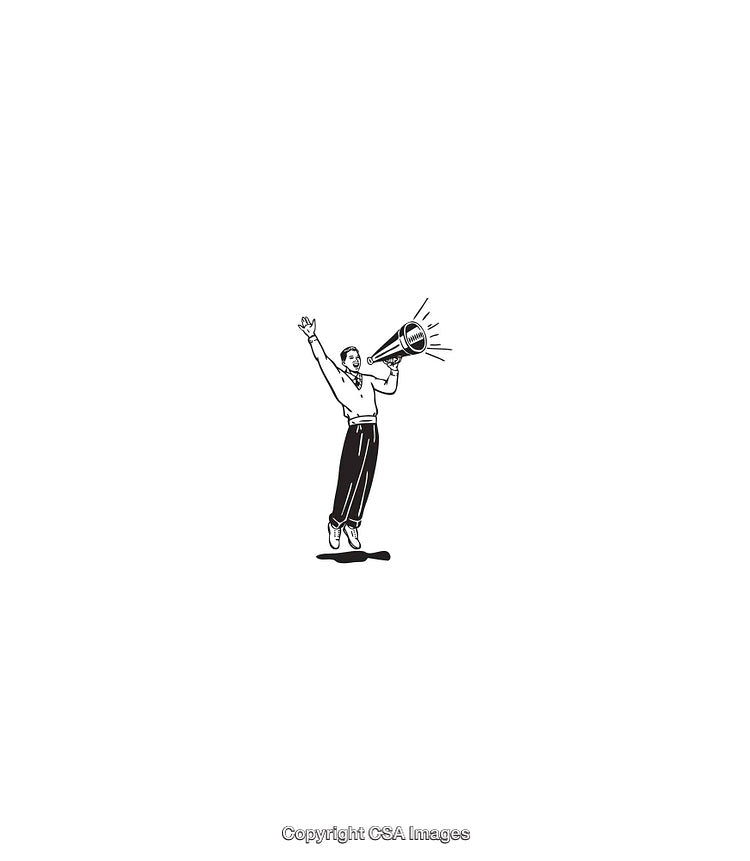 Black and White Illustration of Man Shouting Through Megaphone