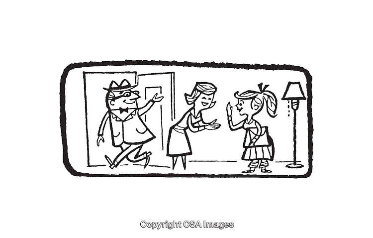 Black and White Line Art of Family Greeted by Cheerful Child