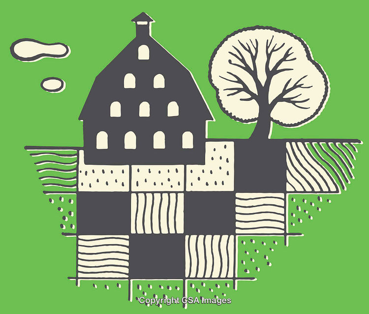 Stylized Minimalist Illustration of a Rural Landscape with Farmhouse