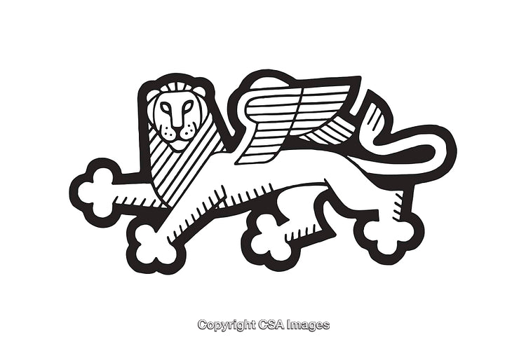 Winged Lion Black and White Line Art Illustration with Geometric Style