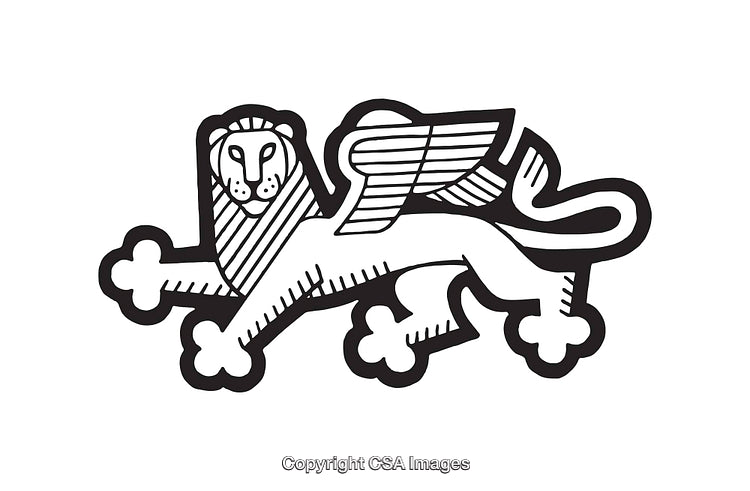 Winged Lion Black and White Line Art Illustration with Geometric Style