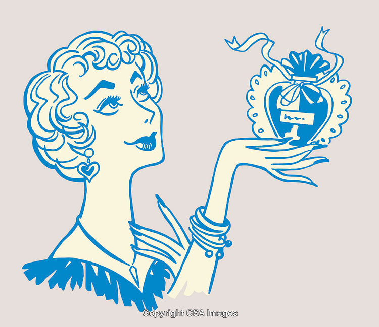Vintage Style Illustration of Woman Holding Heart-Shaped Perfume Bottle