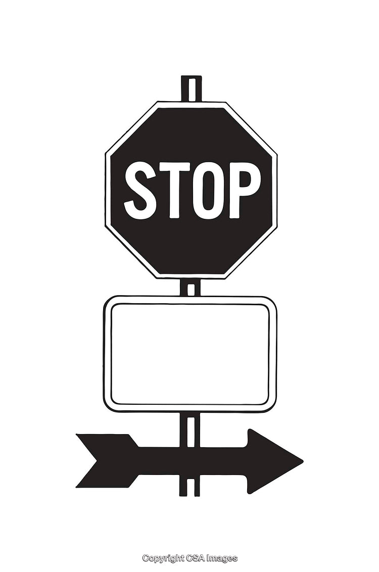 Black and White Stop Sign With Arrow Line Drawing Illustration