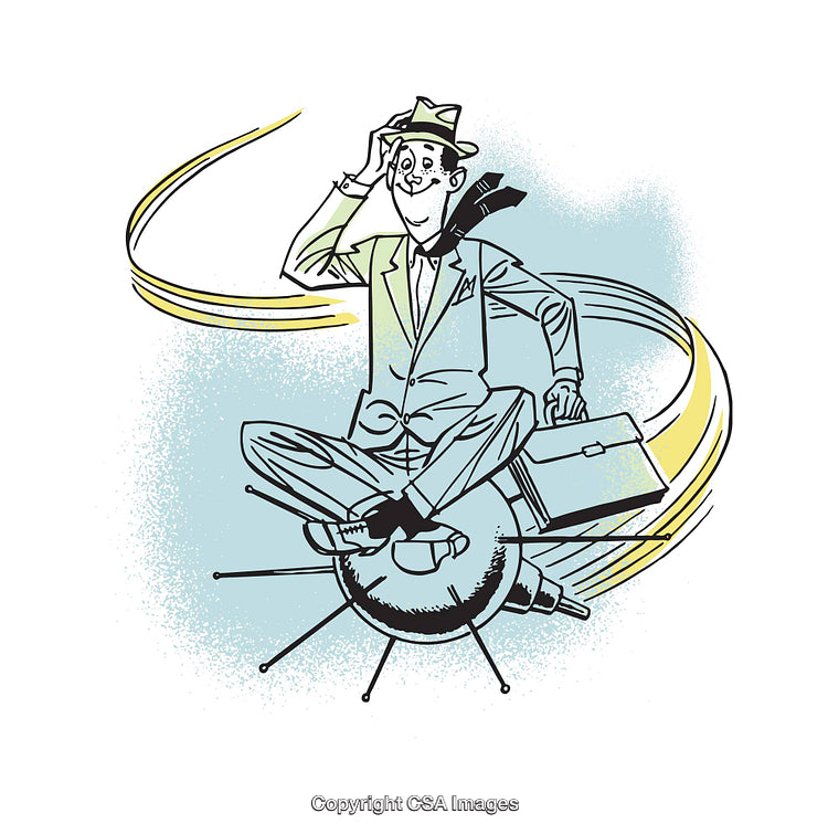 Cartoon Businessman Riding a Rocket with a Briefcase