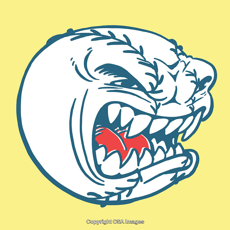 Cartoon Style Angry Moon Illustration with Red Details on Yellow Background