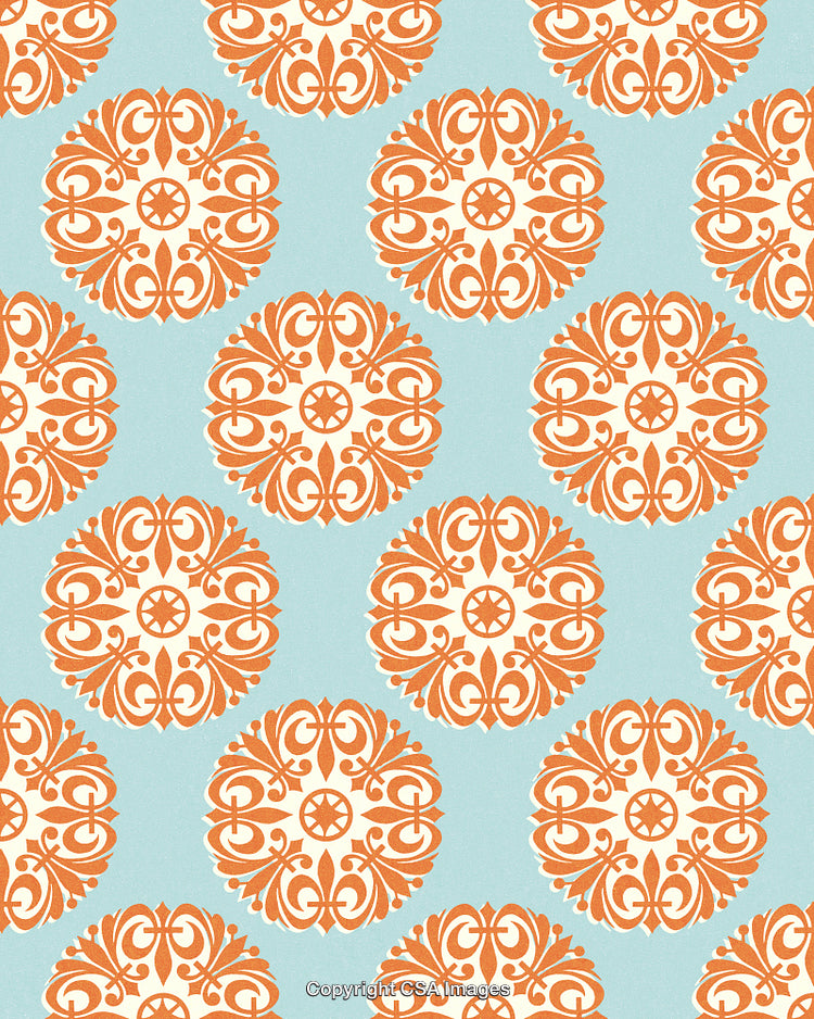 Orange Fleur De Lis Pattern on Blue Background