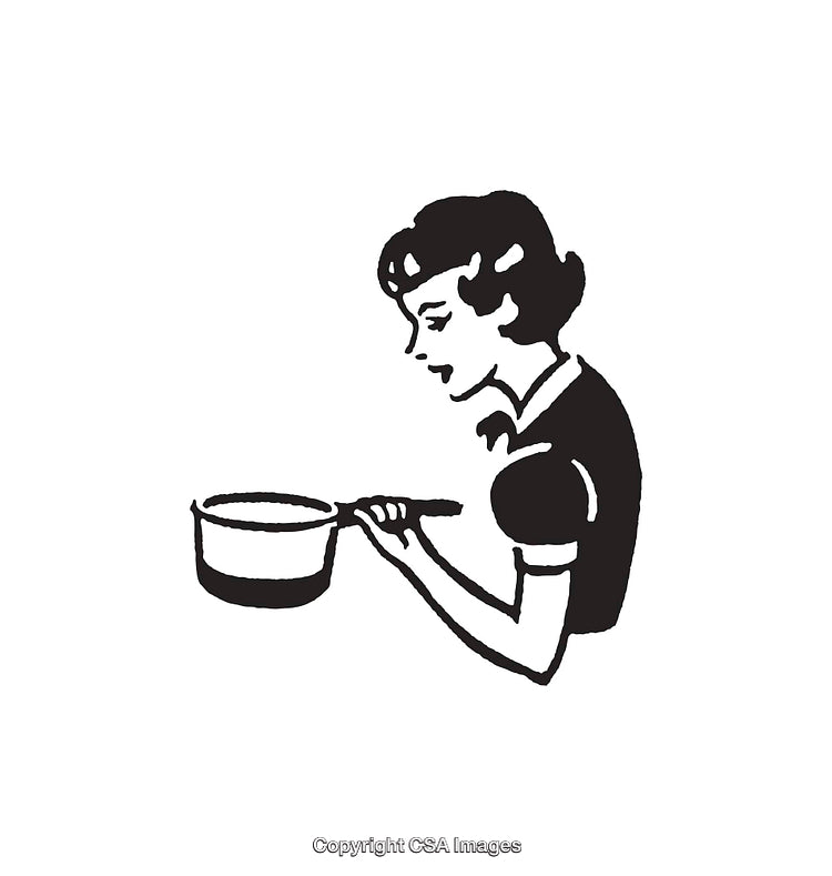 Vintage Black and White Line Art of Woman Cooking in Kitchen