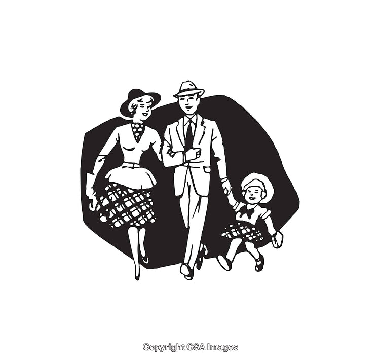 Black and White Vintage Family Walking Illustration in Retro Style