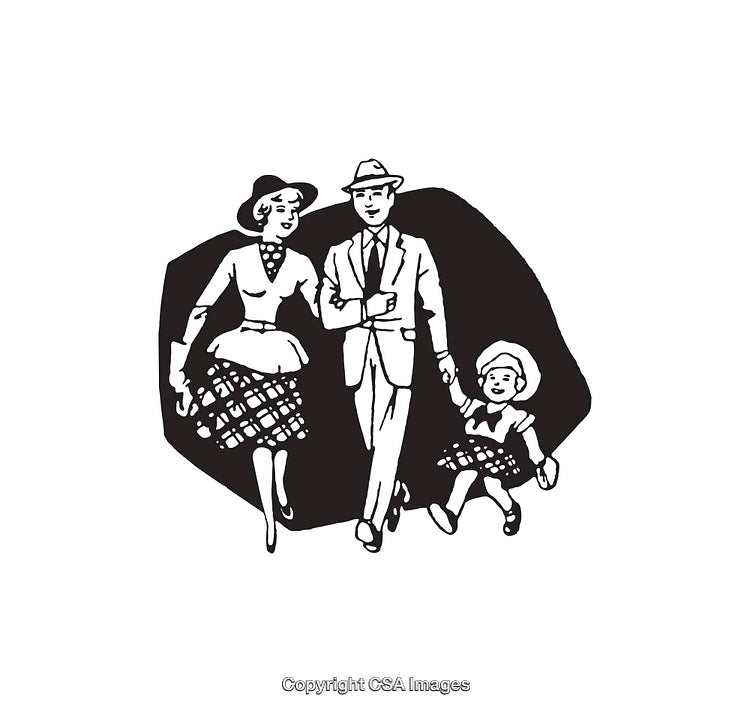 Black and White Vintage Family Walking Illustration in Retro Style