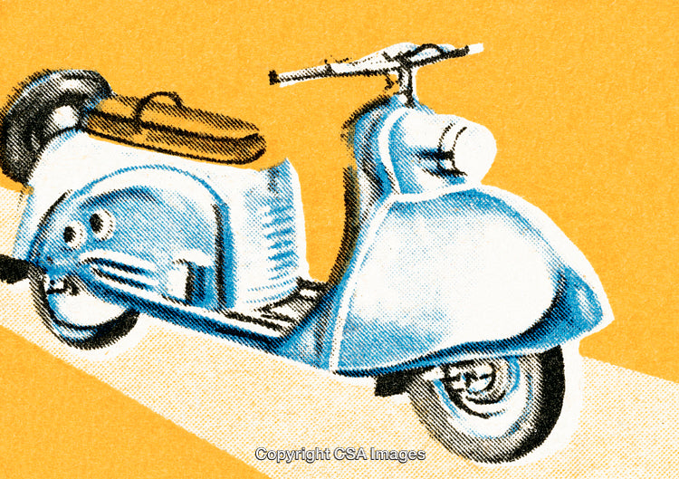 Retro Illustration of a Blue Scooter on a Vibrant Yellow Background