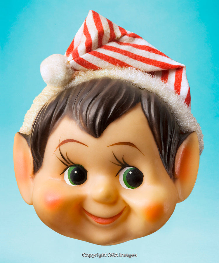 Vintage Elf Doll Face with Red Striped Hat, Isolated on Blue Background