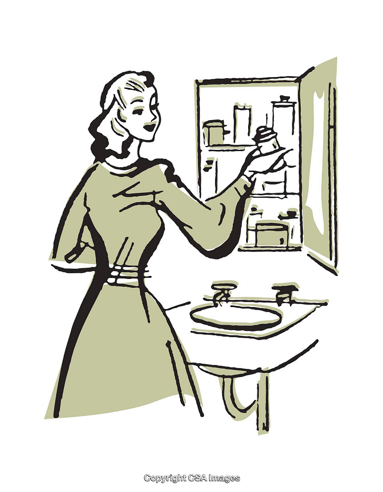 Retro Woman Organizing Medicine Cabinet in Vintage Style Illustration