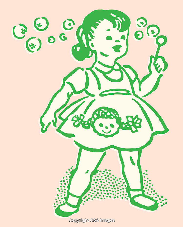Retro Illustration of a Girl Blowing Bubbles in Green Outline Style