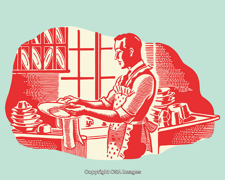 Vintage Style Illustration of a Man Washing Dishes in a Kitchen